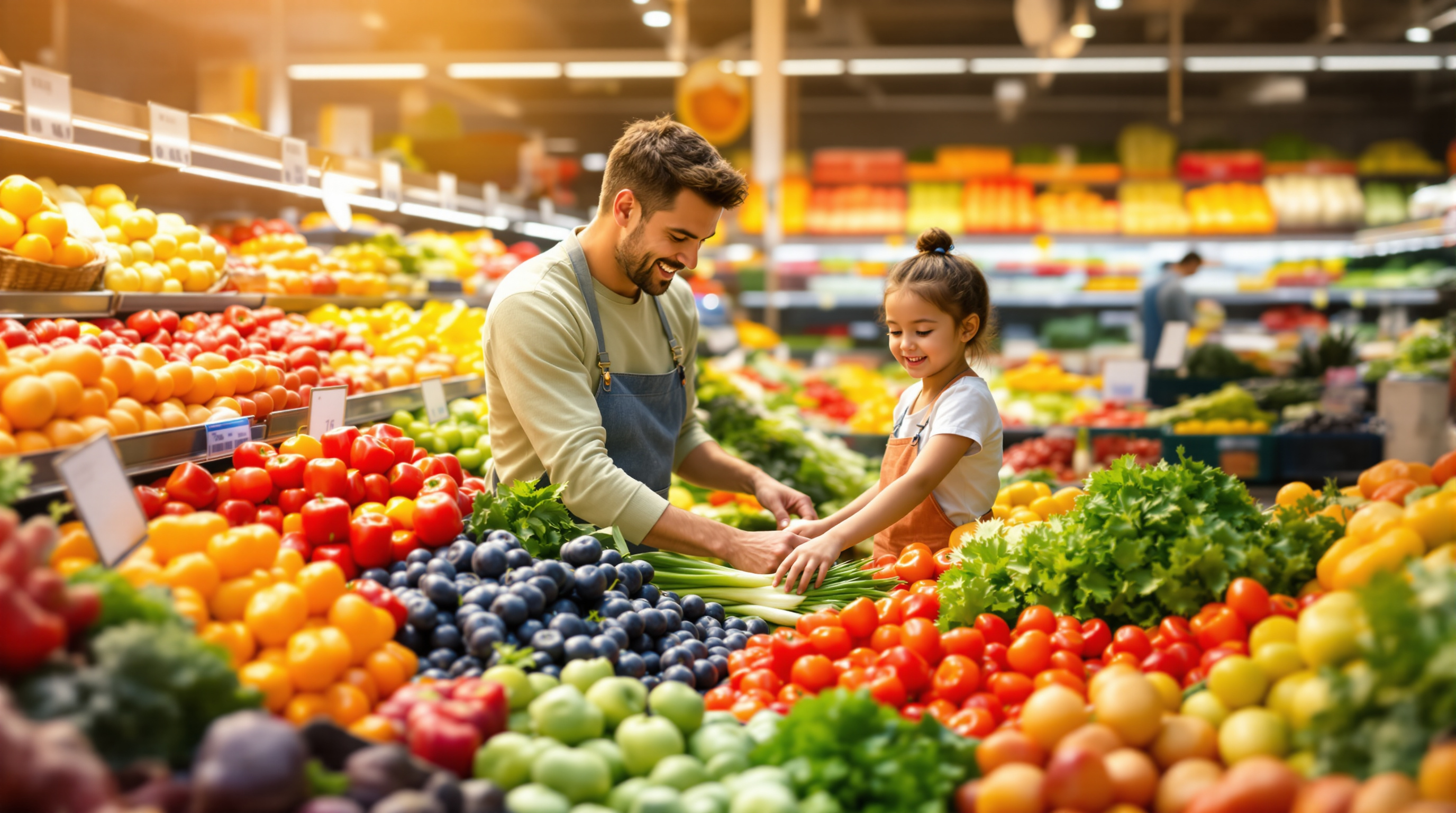 Parent and child grocery shopping in produce section